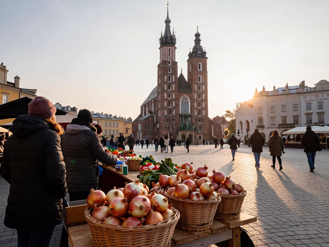 Market Scene at As First Light Reaches The Scene in Krakow in in Krakow, Poland