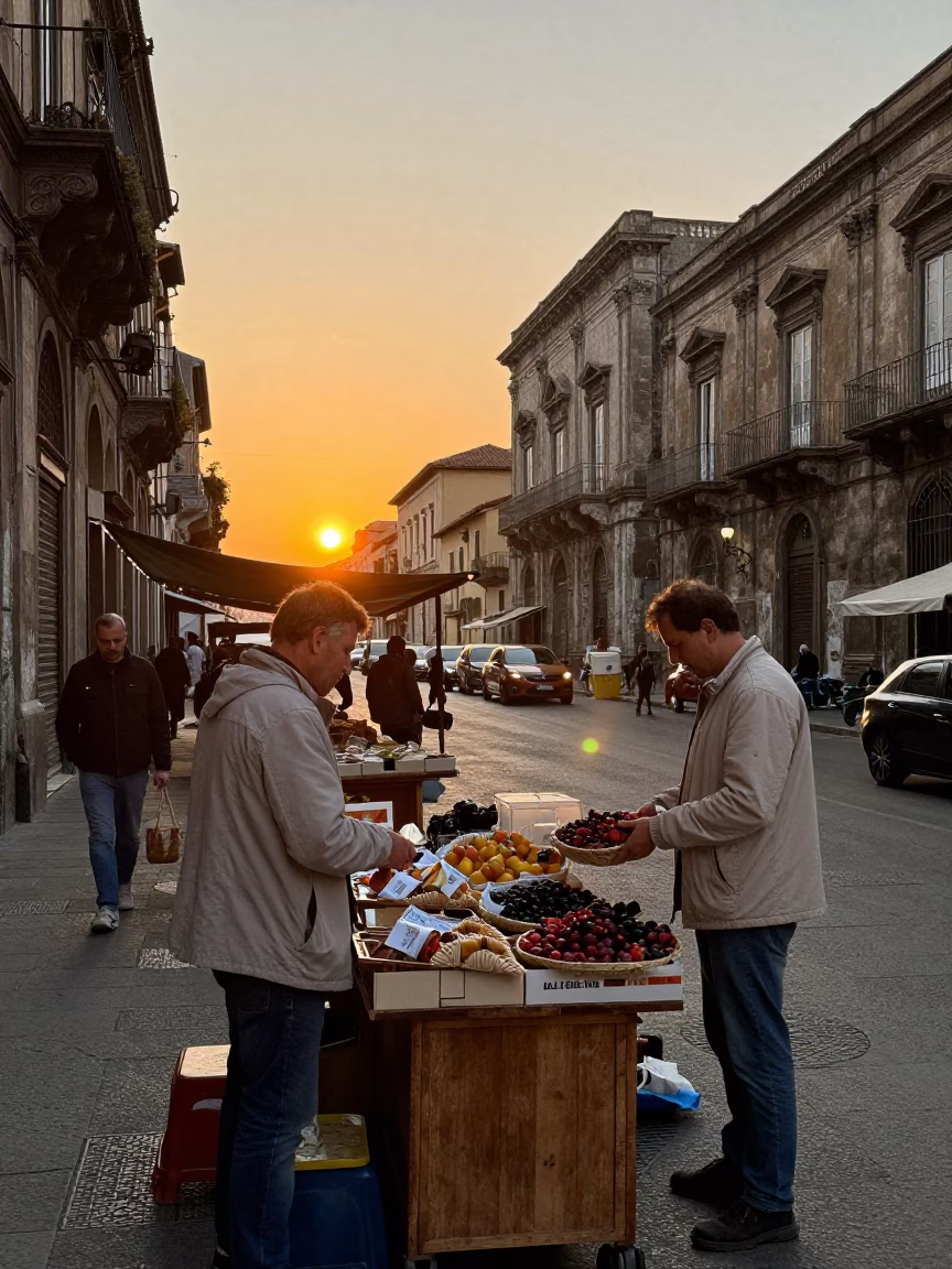 Market Scene at As The Sun Drops Toward The Horizon in Palermo in in Palermo, Italy