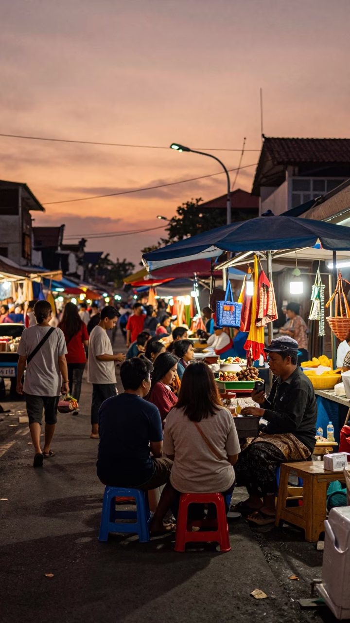 Market Scene at Copper-toned Light Before Dusk in Denpasar in in Denpasar, Indonesia