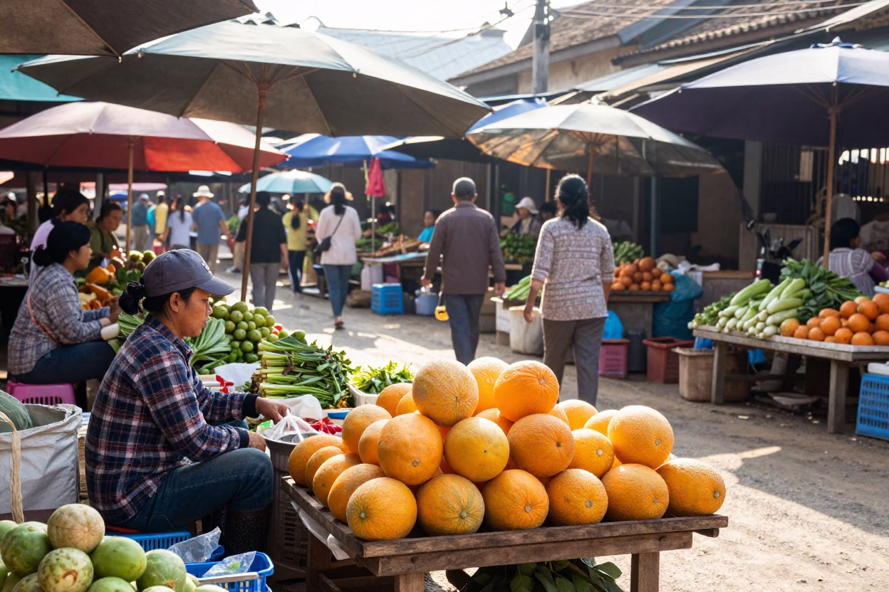 Market Scene at Late Morning Light in Luang Prabang in in Luang Prabang, Laos