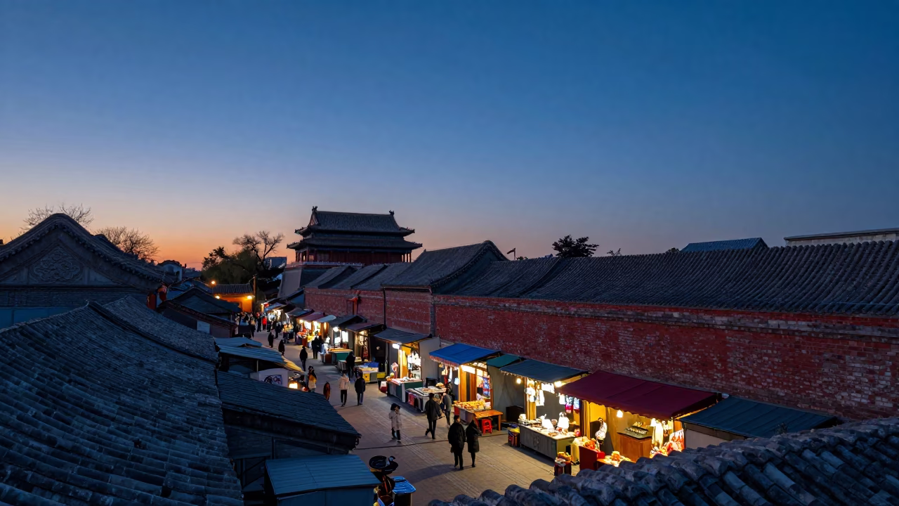 Market Scene at Nautical Dawn Light in Beijing in in Beijing, China