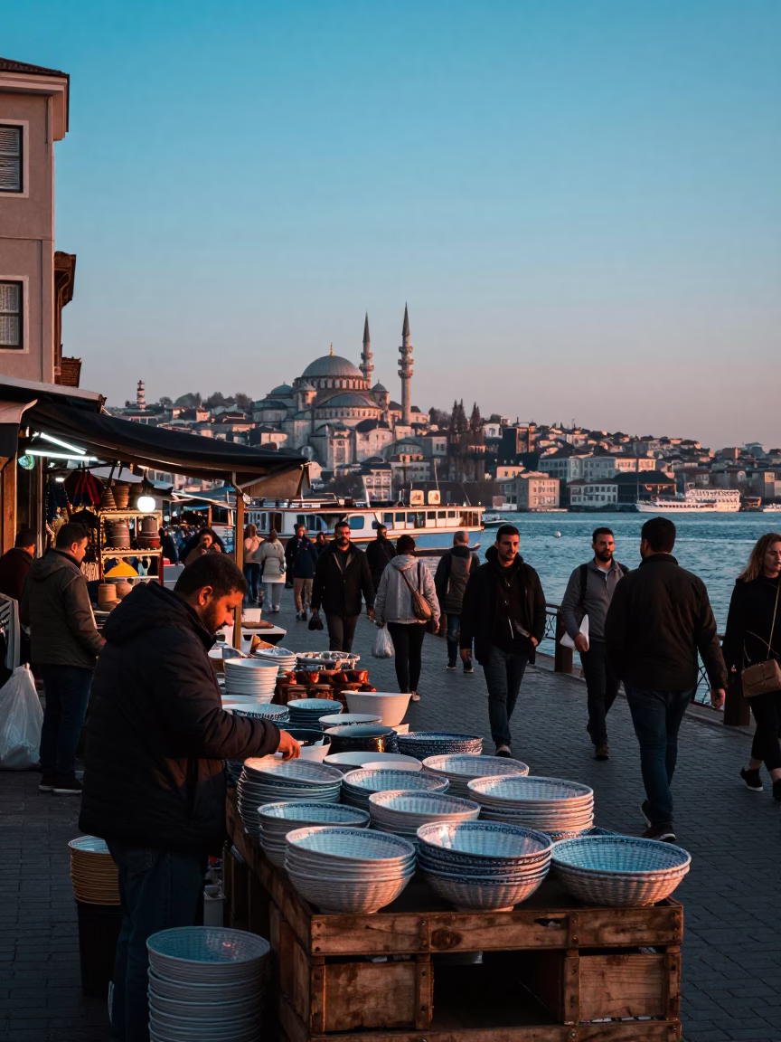 Market Scene at Nautical Dawn Light in Istanbul in in Istanbul, Turkey
