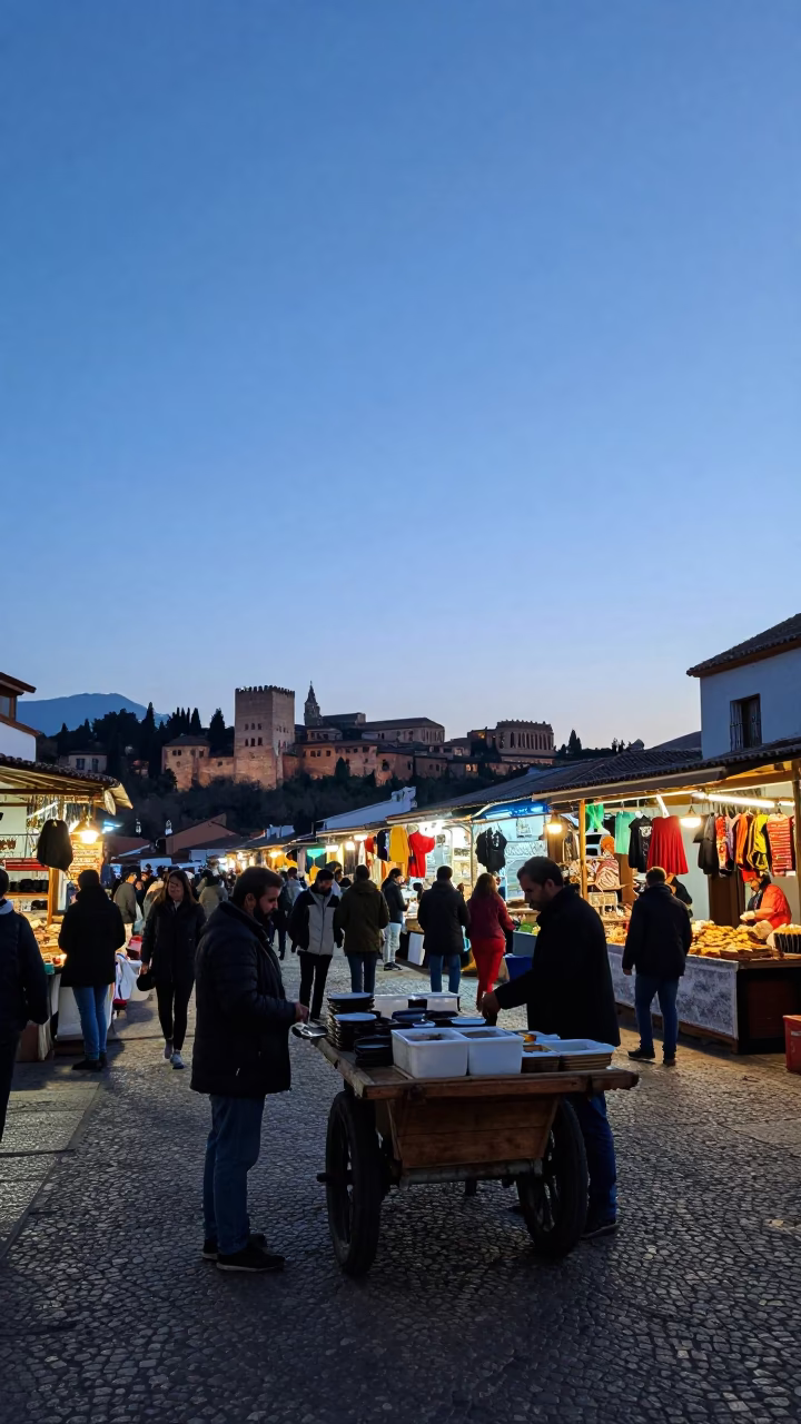 Market Scene at Sunrise Light in Granada in in Granada, Spain