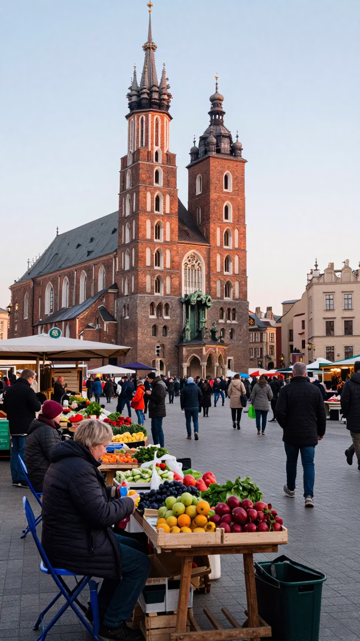 Market Scene at The Early Morning Light in Krakow in in Krakow, Poland
