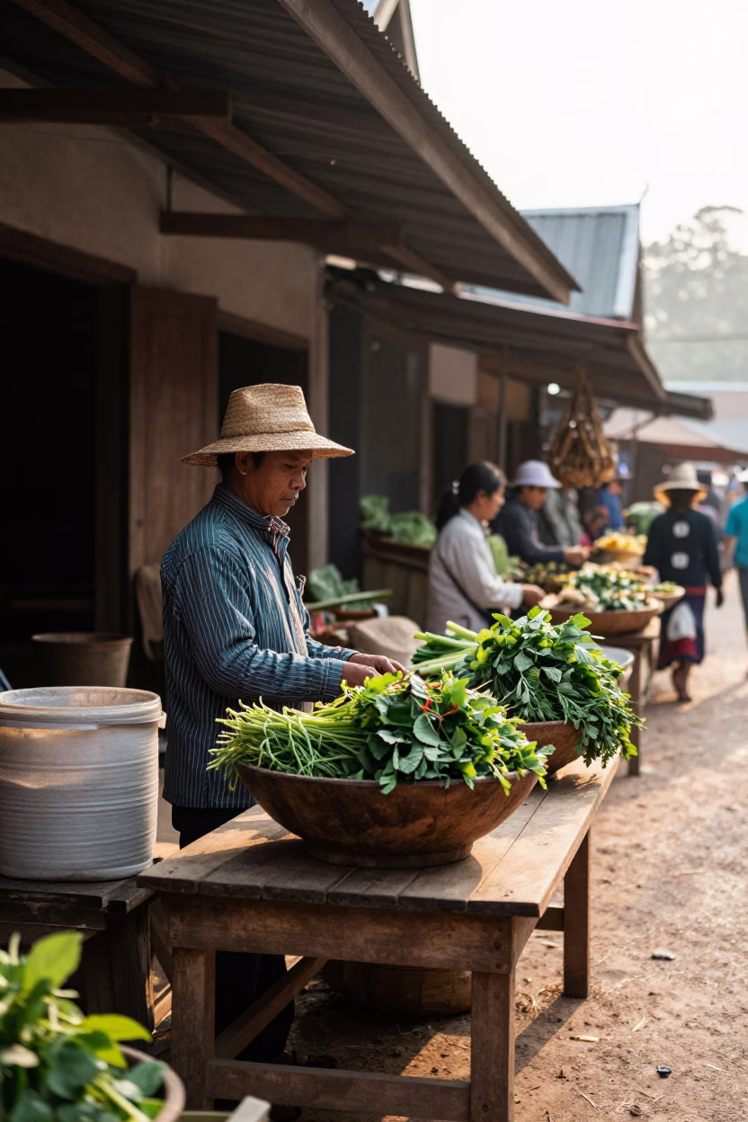 Market Scene at The Late Morning Light in Luang Prabang in in Luang Prabang, Laos