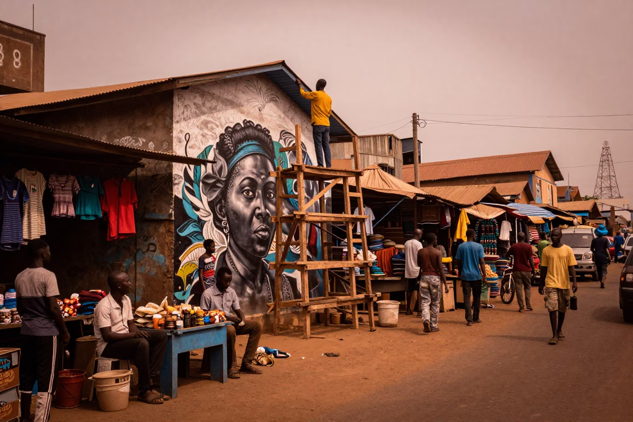 Market Scene in Accra at Copper-toned Light Before Dusk in in Accra, Ghana
