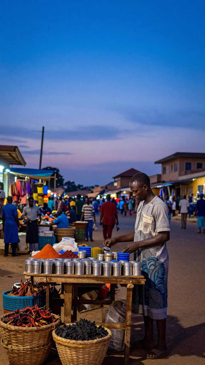 Market Scene in Accra at Indigo Twilight After Sunset in in Accra, Ghana