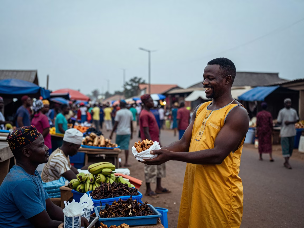 Market Scene in Accra at Nautical Dawn Light in in Accra, Ghana