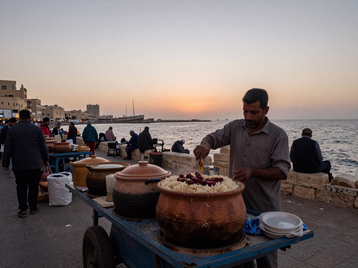 Market Scene in Alexandria at Nautical Dawn Light in in Alexandria, Egypt