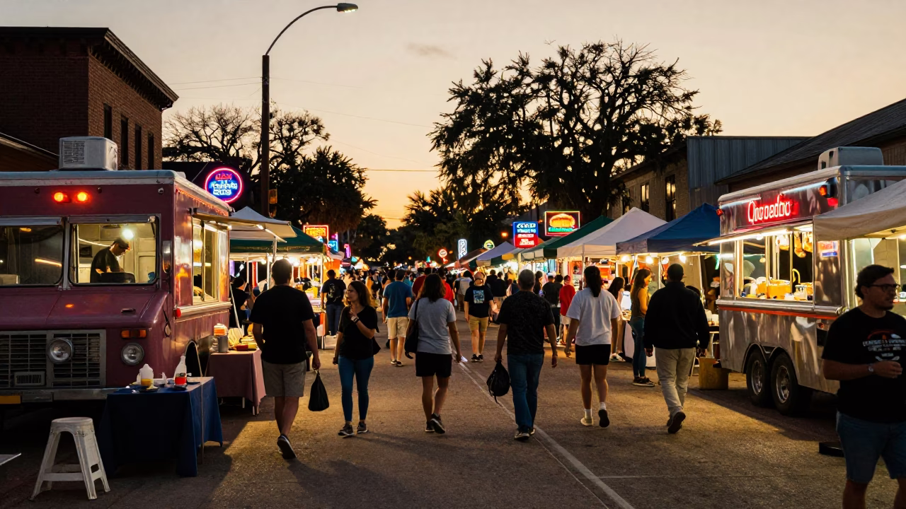 Market Scene in Austin at Honeyed Evening Light in in Austin, Texas, United States