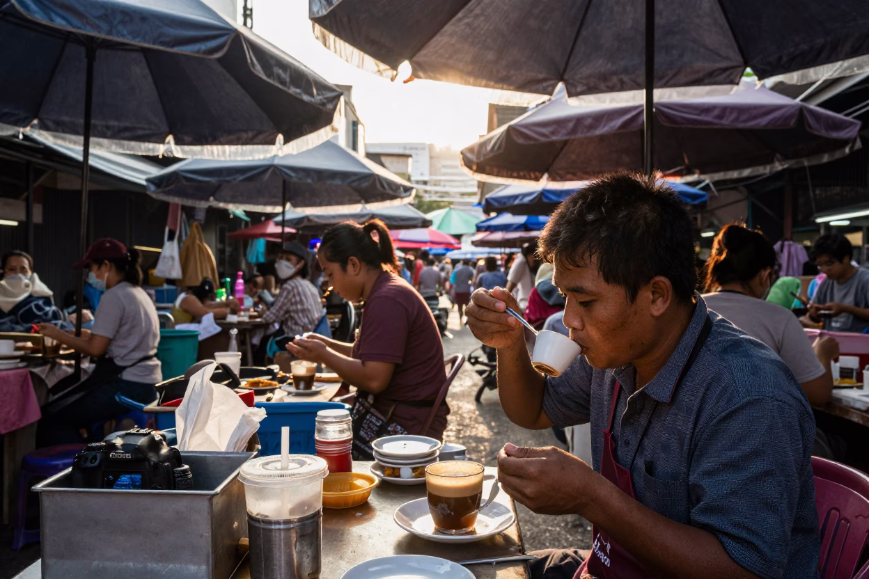 Market Scene in Bangkok at As First Light Reaches The Scene in in Bangkok, Thailand