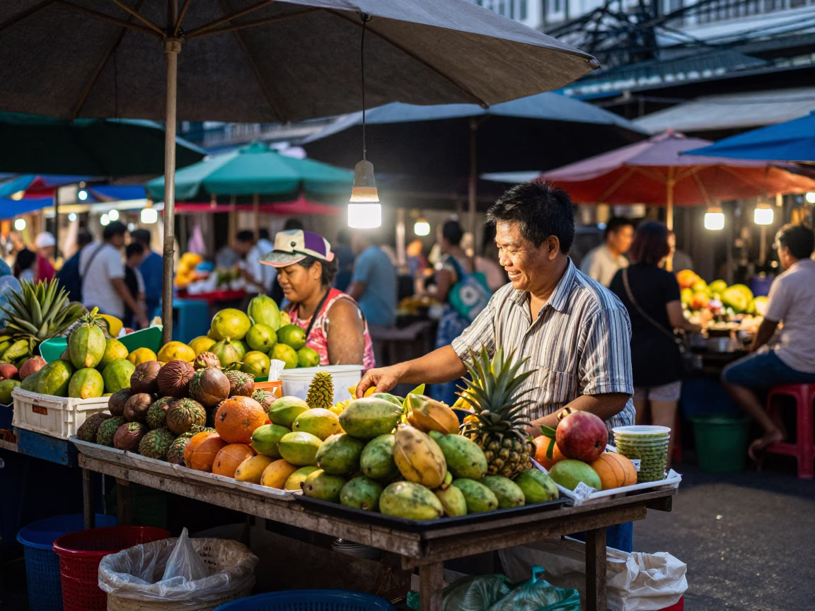 Market Scene in Bangkok at The Early Evening Light in in Bangkok, Thailand