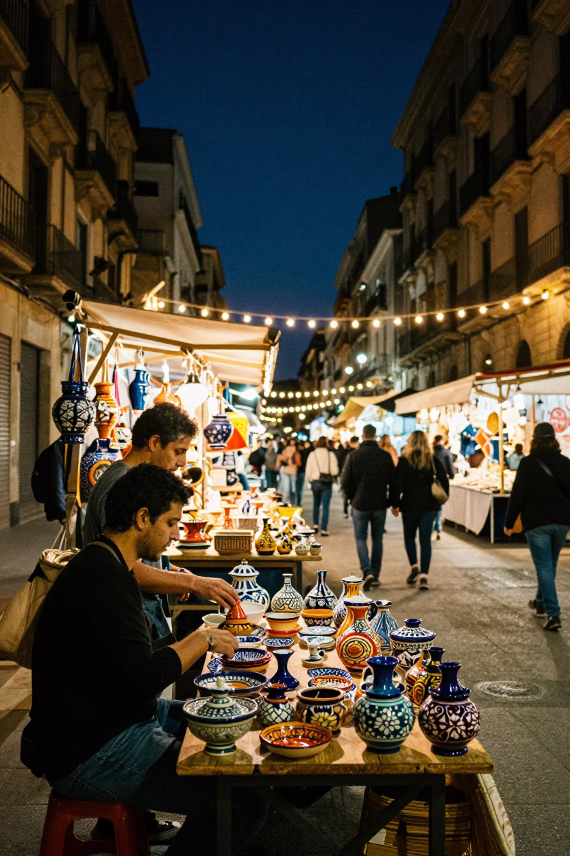 Market Scene in Barcelona at The Deepest Night Sky Light in in Barcelona, Spain