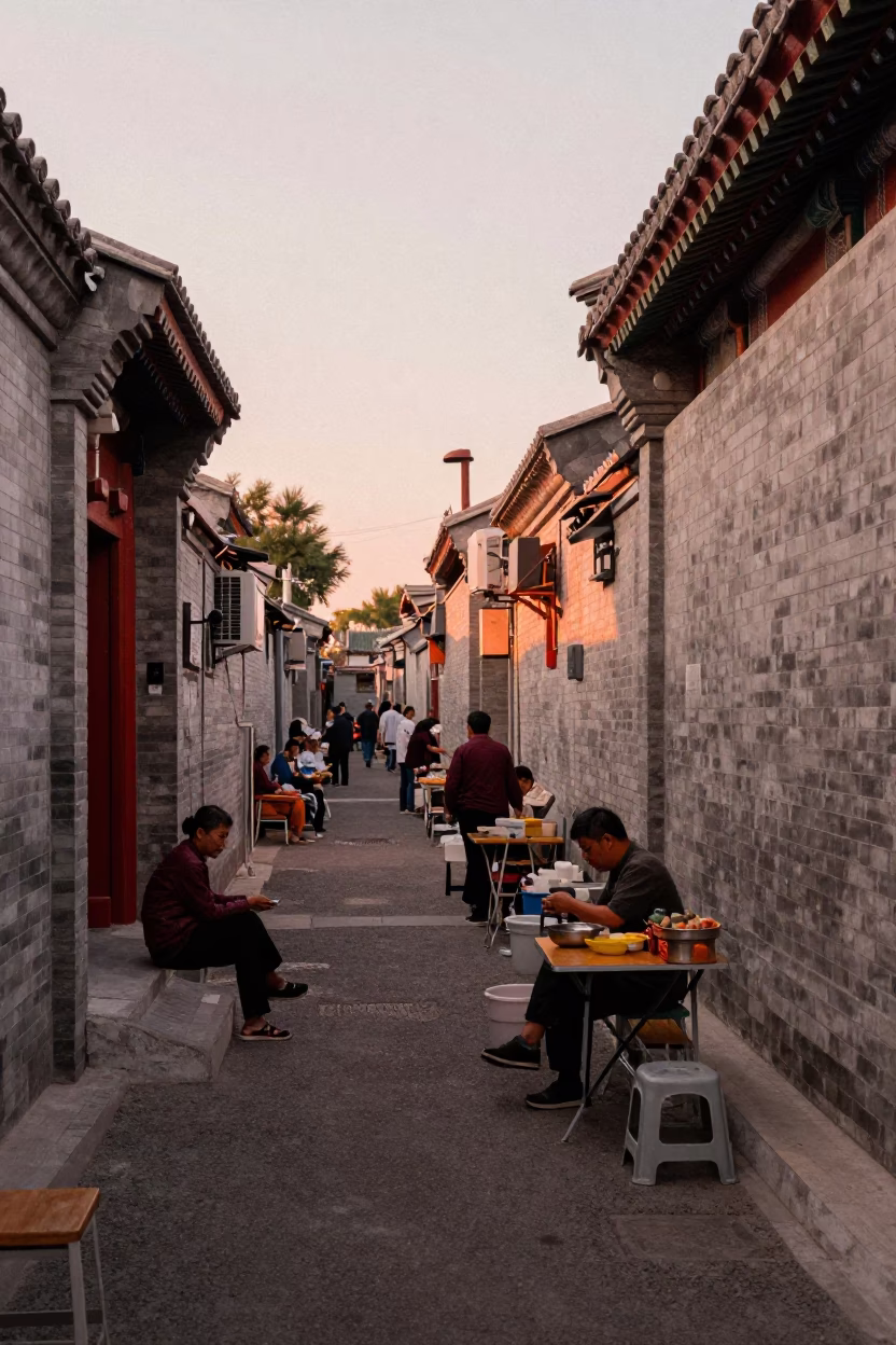 Market Scene in Beijing at Copper-toned Light Before Dusk in in Beijing, China