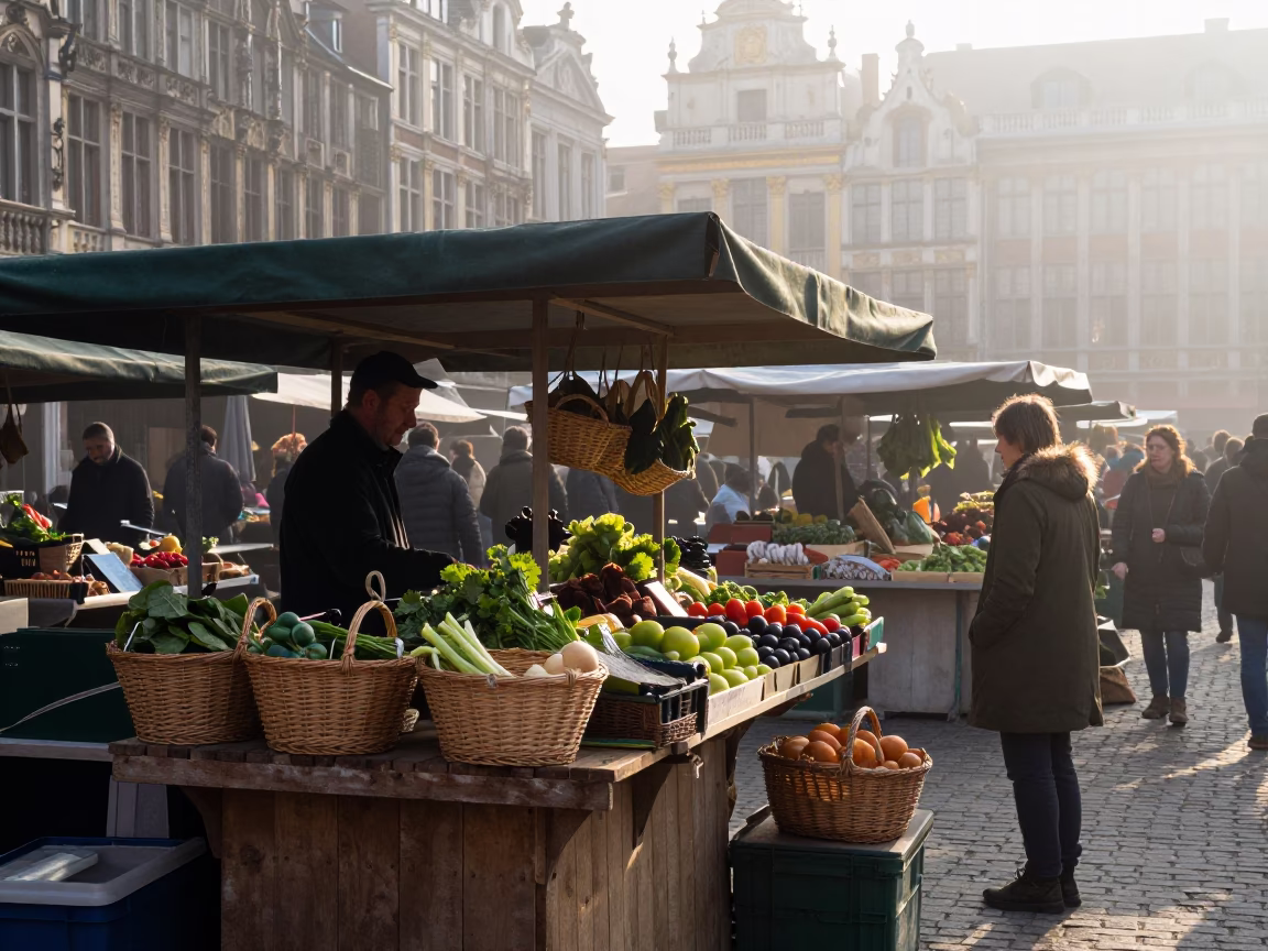 Market Scene in Brussels at As First Light Reaches The Scene in in Brussels, Belgium