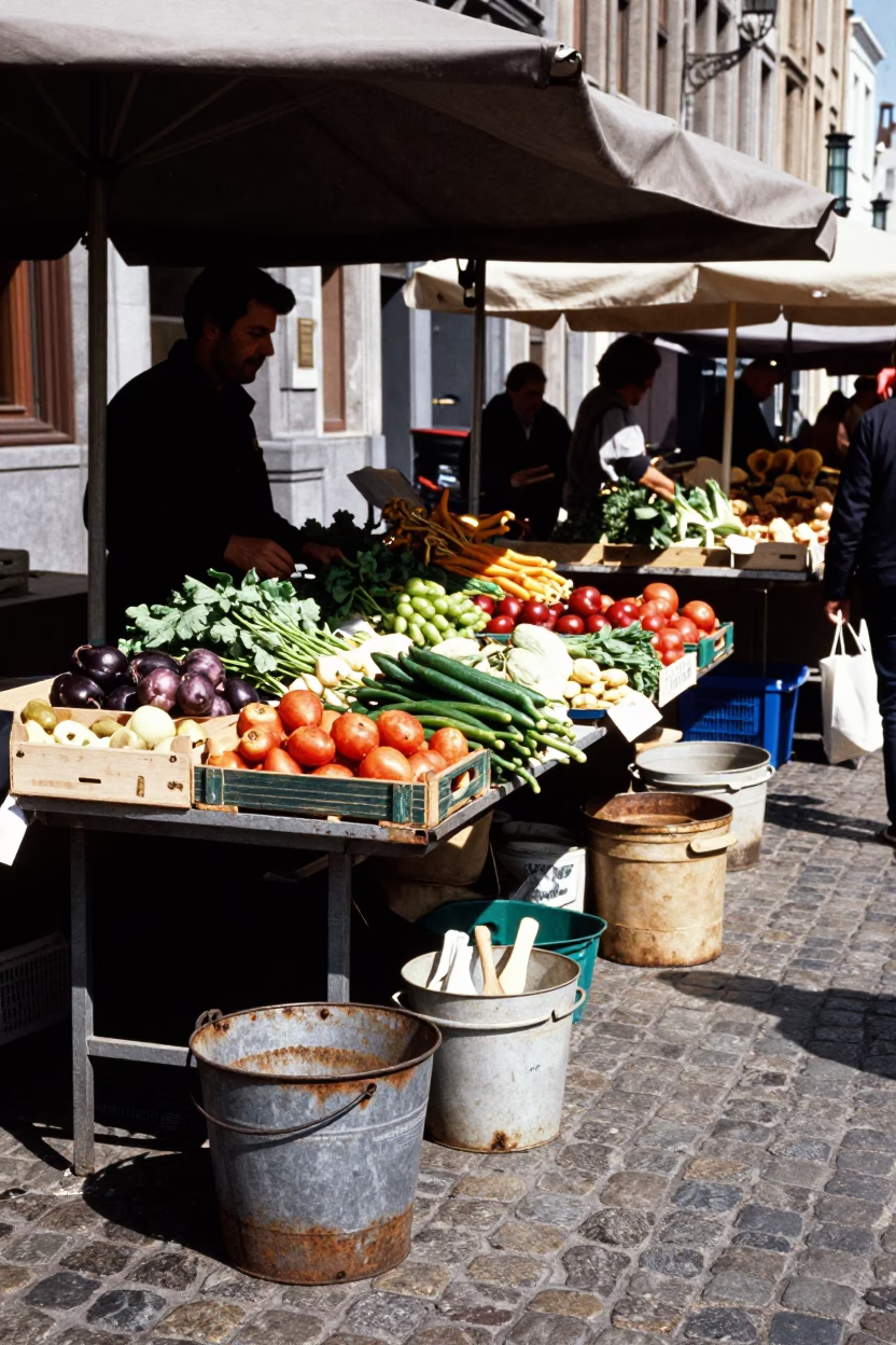 Market Scene in Brussels at The Flat Glare Of Noon Light in in Brussels, Belgium