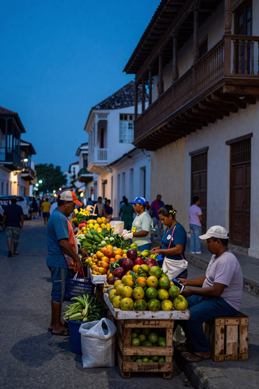 Market Scene in Cartagena at The Still Hours Before Dawn Light in in Cartagena, Colombia