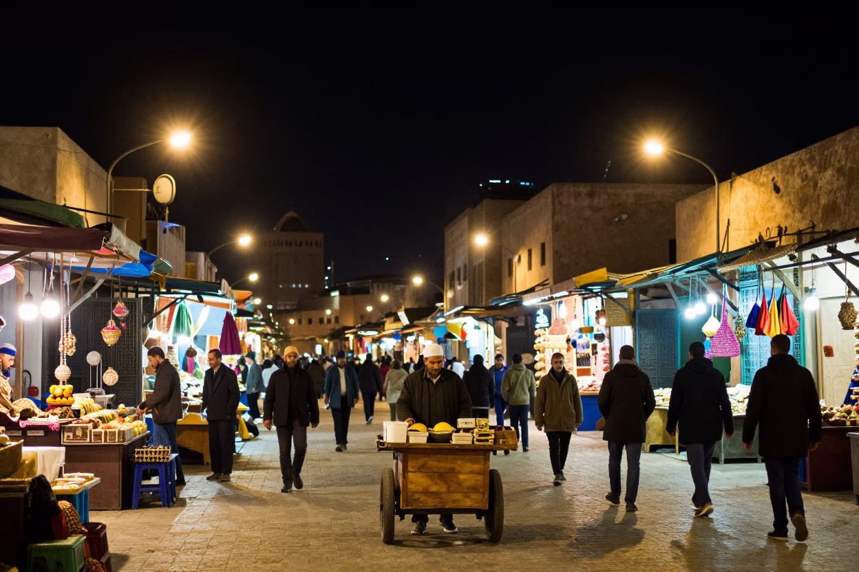 Market Scene in Casablanca at The Deepest Night Sky Light in in Casablanca, Morocco