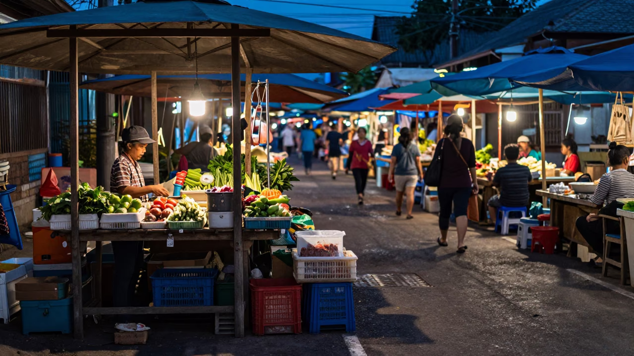 Market Scene in Chiang Mai at The Last Blue Light Of Evening in in Chiang Mai, Thailand