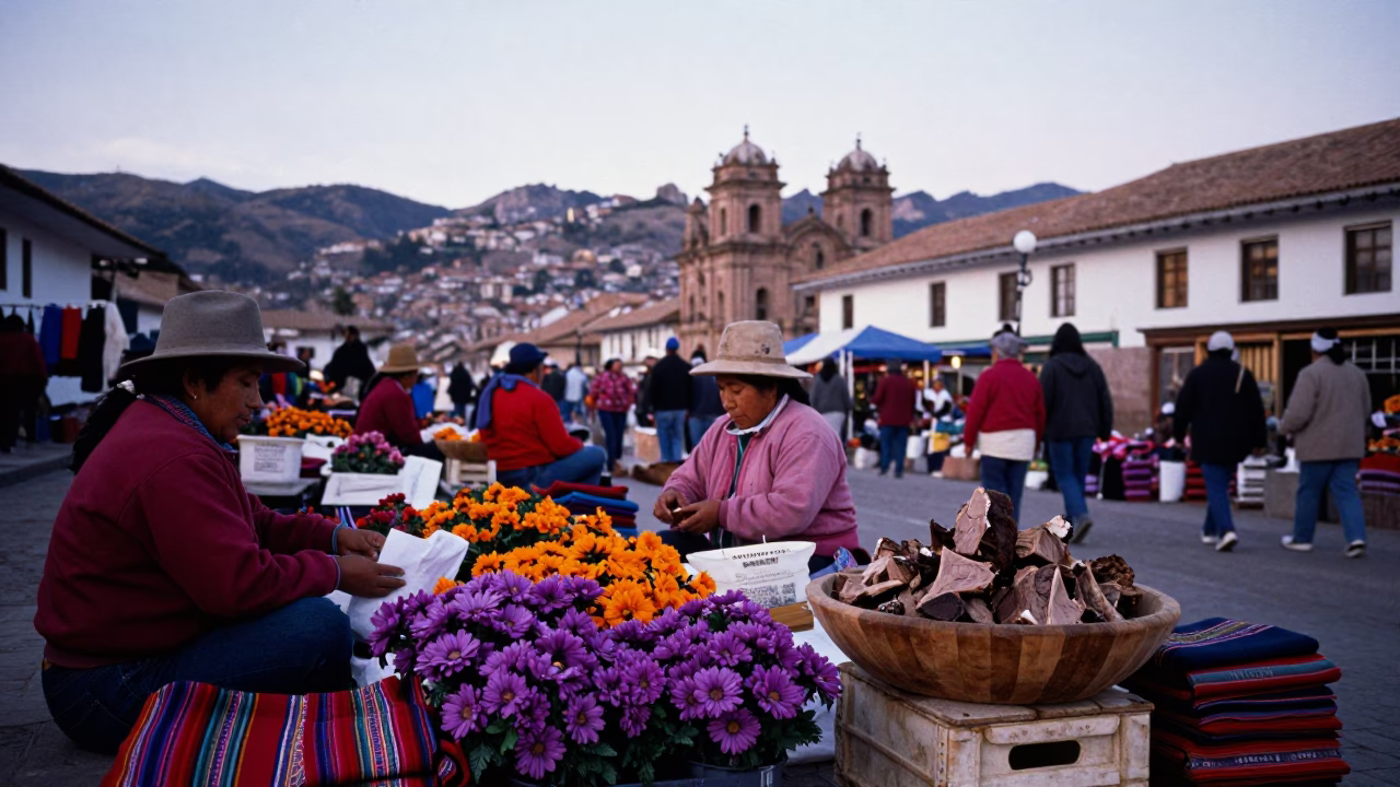 Market Scene in Cusco at First Light Of Dawn in in Cusco, Peru