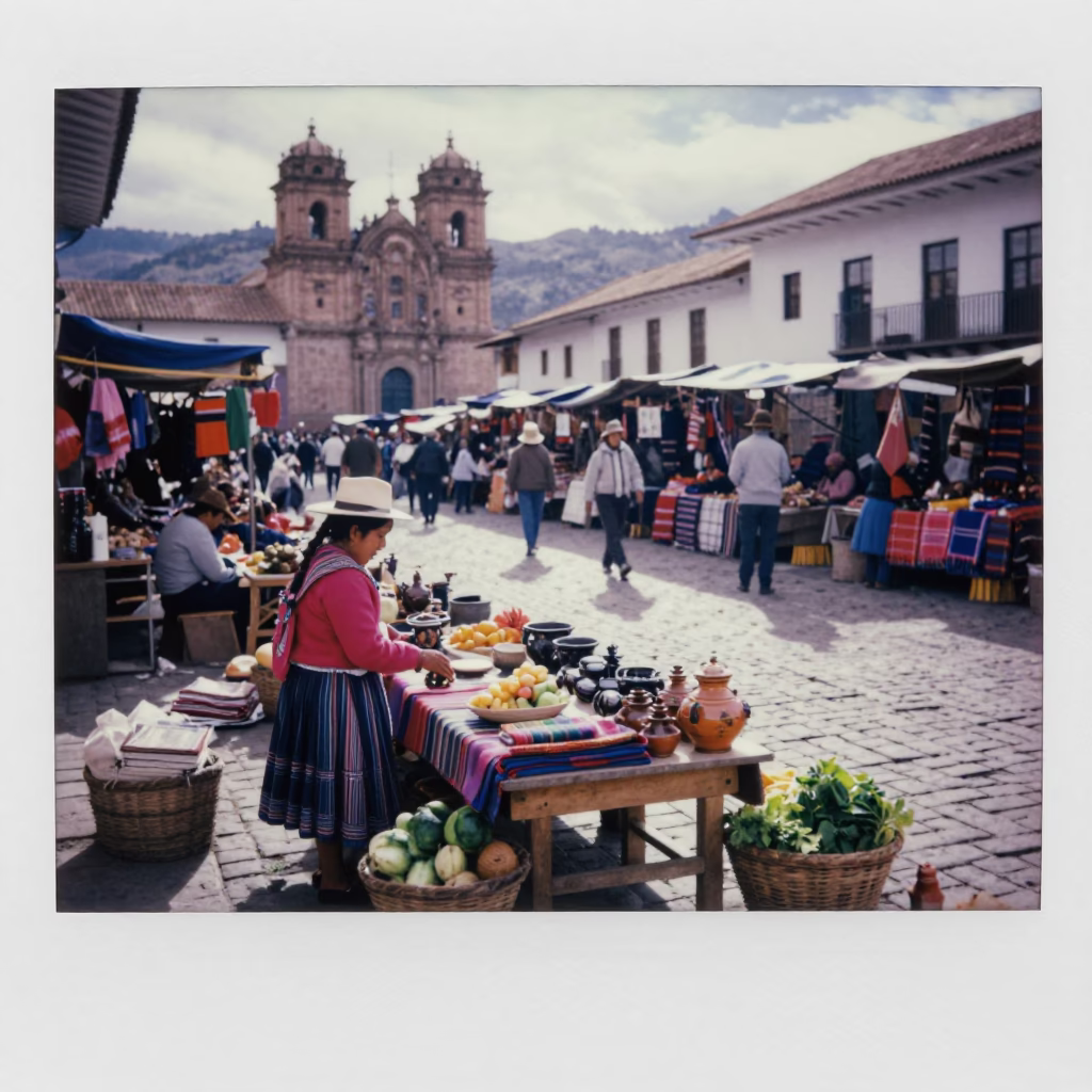 Market Scene in Cusco at The Late Morning Light in in Cusco, Peru