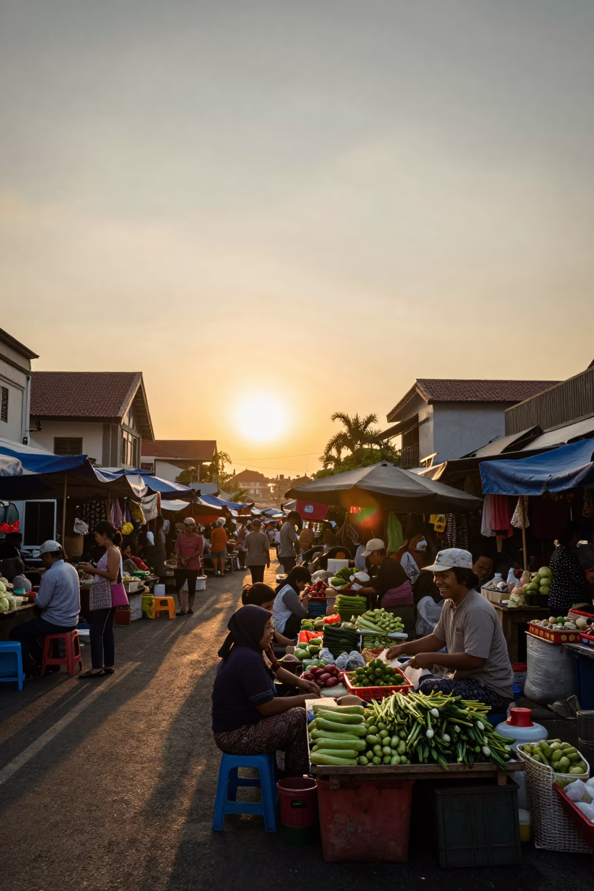 Market Scene in Denpasar at As The Sun Drops Toward The Horizon in in Denpasar, Indonesia