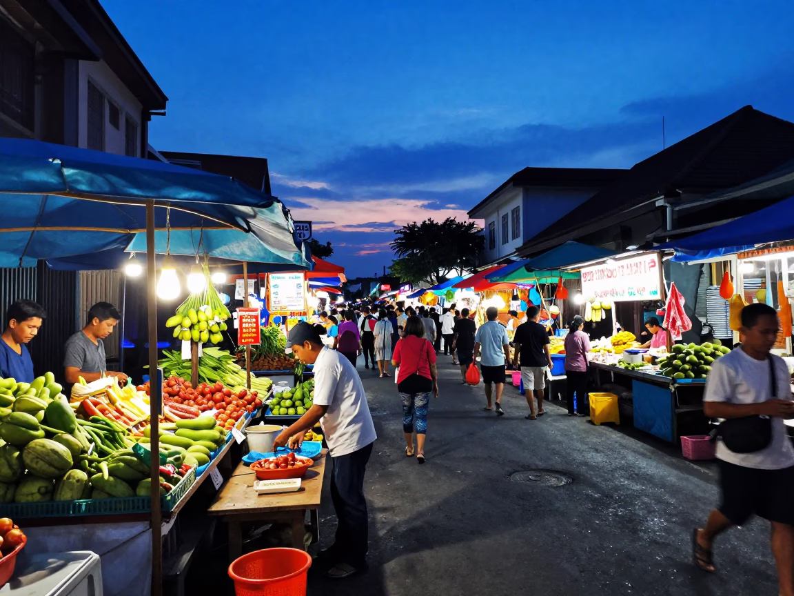 Market Scene in Denpasar at Indigo Twilight After Sunset in in Denpasar, Indonesia