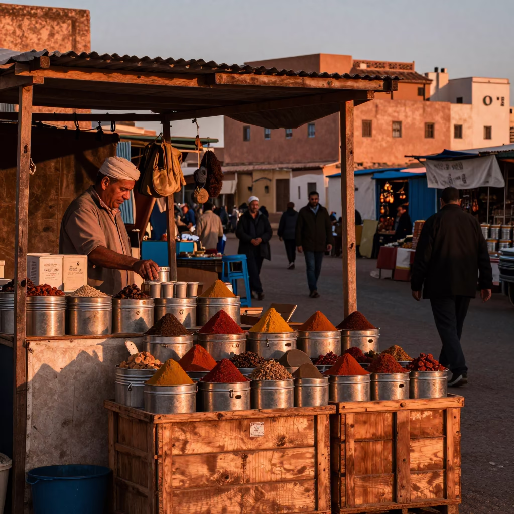 Market Scene in Essaouira at Copper-toned Light Before Dusk in in Essaouira, Morocco