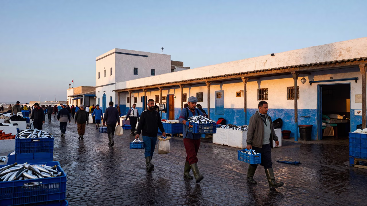 Market Scene in Essaouira at Nautical Dawn Light in in Essaouira, Morocco