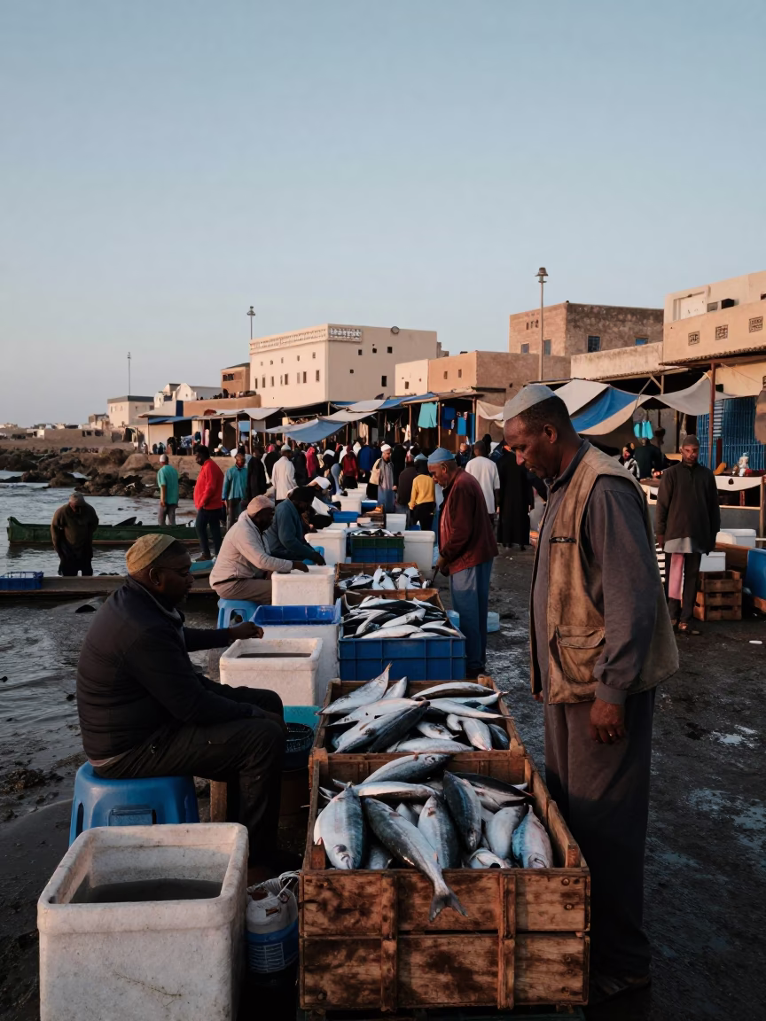 Market Scene in Essaouira at The Still Hours Before Dawn Light in in Essaouira, Morocco