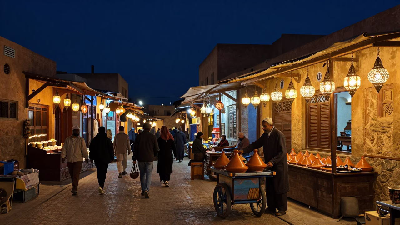 Market Scene in Fez at The Deepest Night Sky Light in in Fez, Morocco