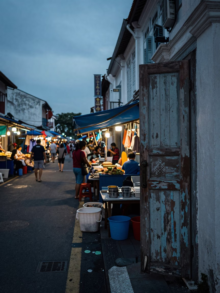 Market Scene in George Town at The Predawn Darkness Light in in George Town, Malaysia