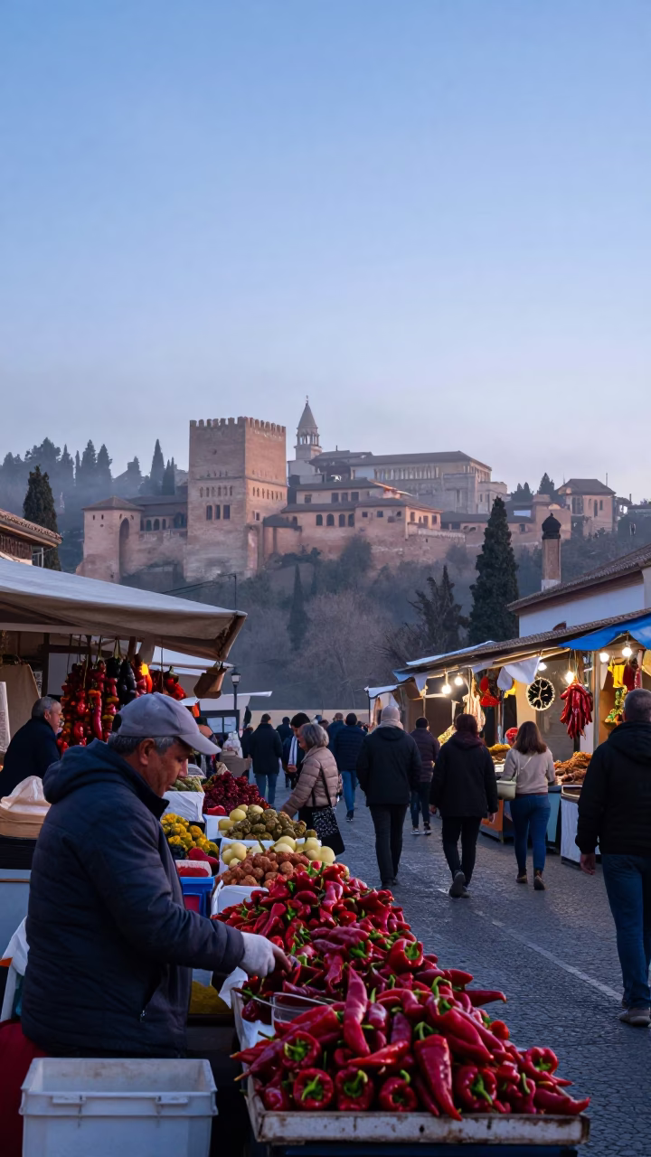 Market Scene in Granada at First Light Of Dawn in in Granada, Spain