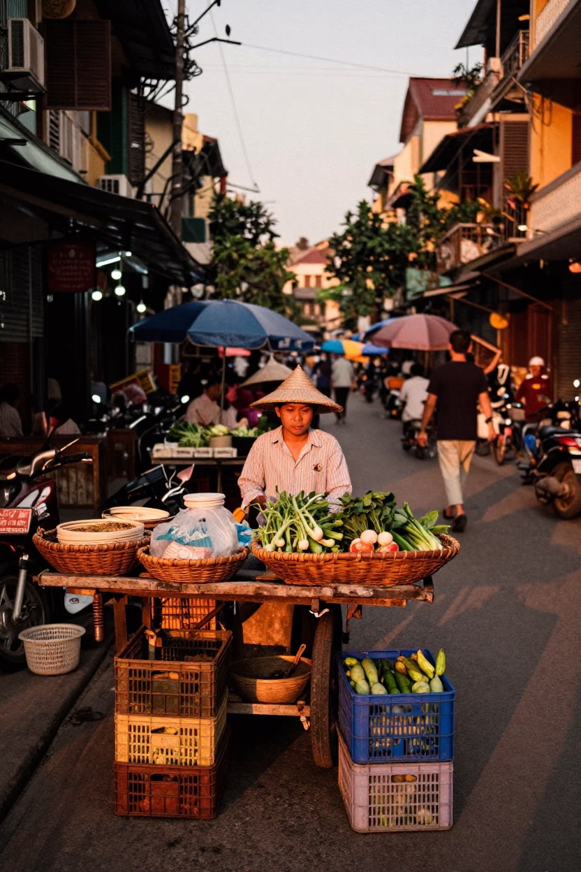 Market Scene in Hanoi at Copper-toned Light Before Dusk in in Hanoi, Vietnam