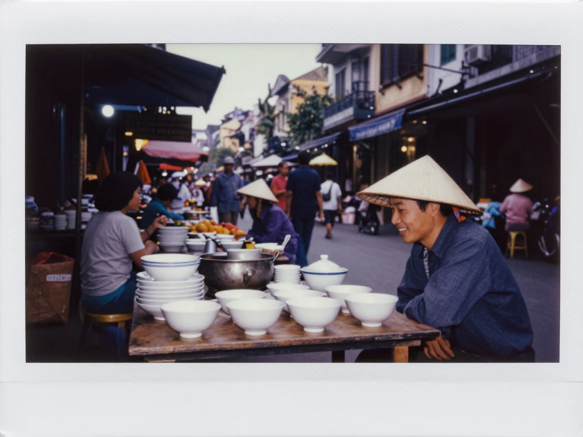 Market Scene in Hanoi at Nautical Dawn Light in in Hanoi, Vietnam