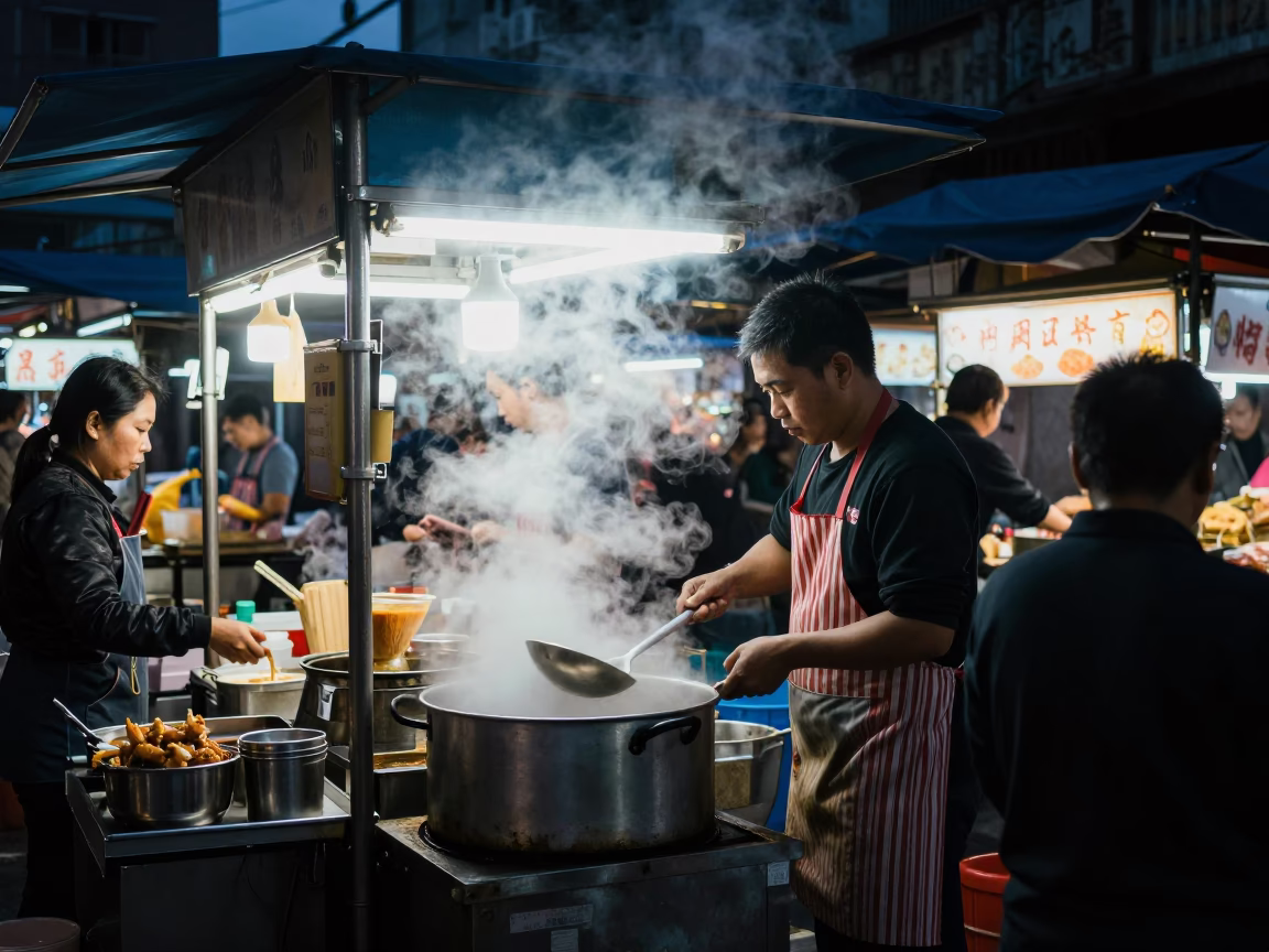 Market Scene in Kaohsiung at The Predawn Darkness Light in in Kaohsiung, Taiwan