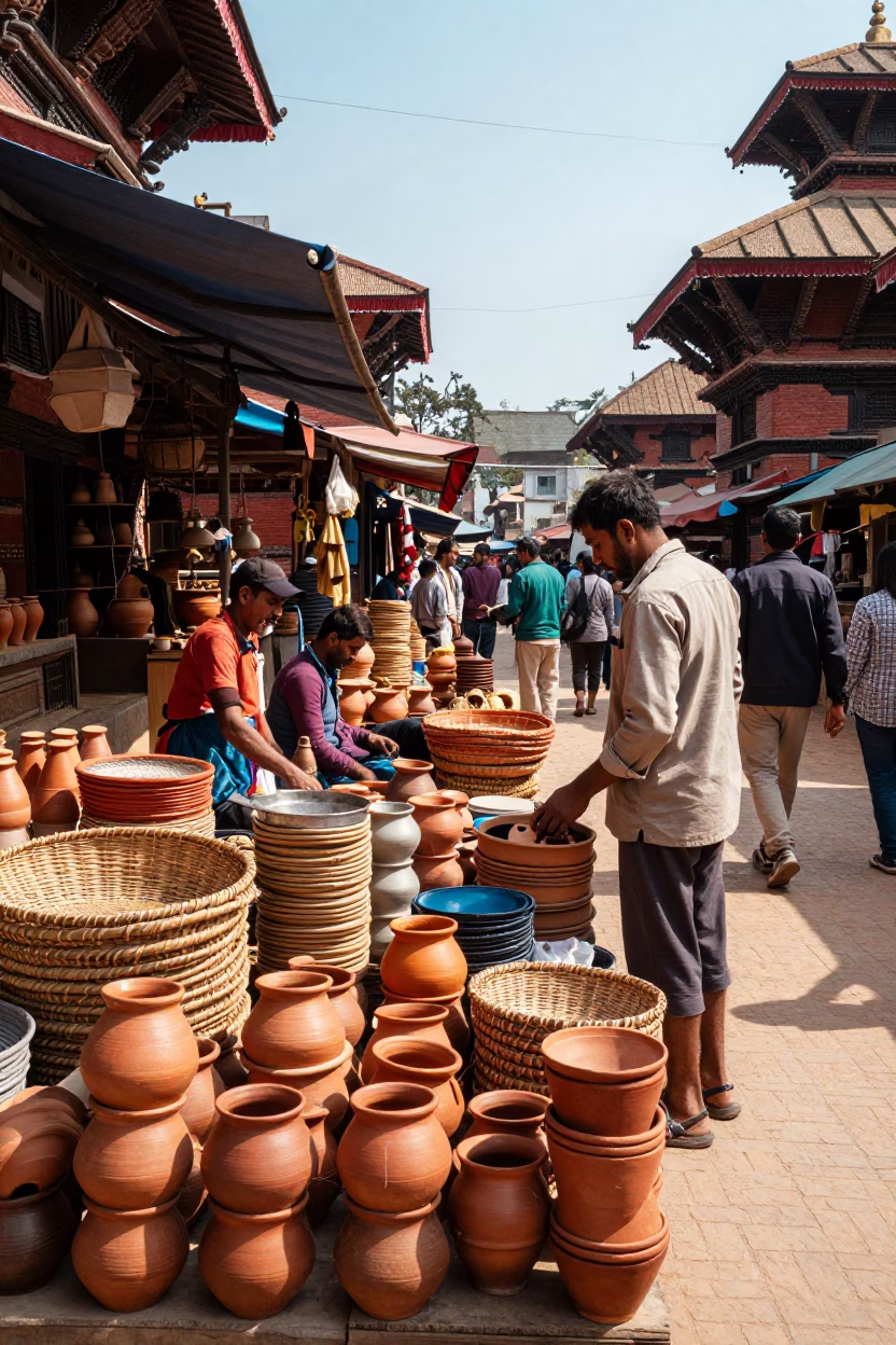 Market Scene in Kathmandu at Bright Midmorning Light in in Kathmandu, Nepal