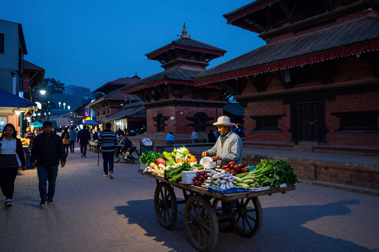 Market Scene in Kathmandu at The Last Blue Light Of Evening in in Kathmandu, Nepal