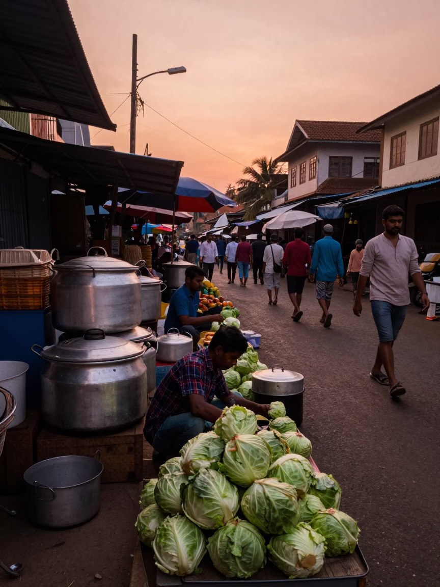 Market Scene in Kochi at Copper-toned Light Before Dusk in in Kochi, India