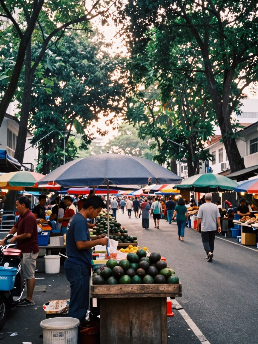 Market Scene in Kuala Lumpur at As First Light Reaches The Scene in in Kuala Lumpur, Malaysia