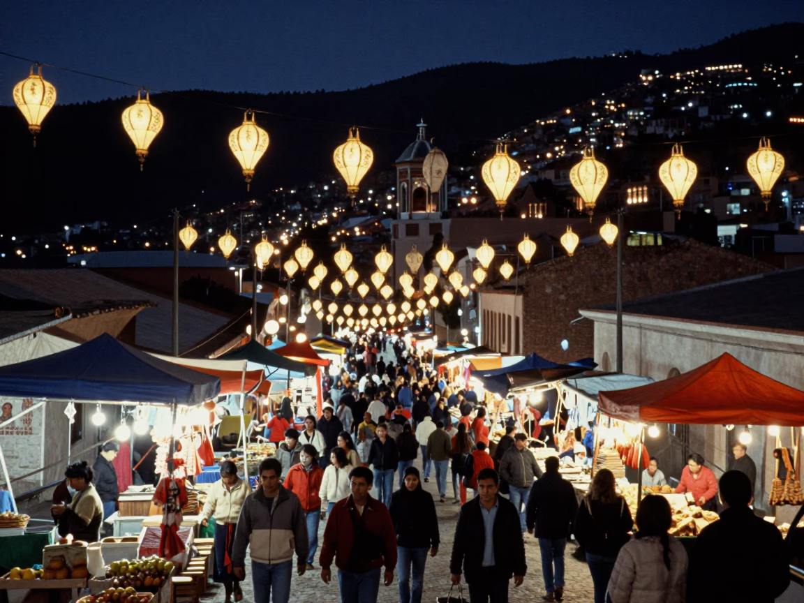 Market Scene in La Paz at As City Lights Begin To Glow in in La Paz, Bolivia