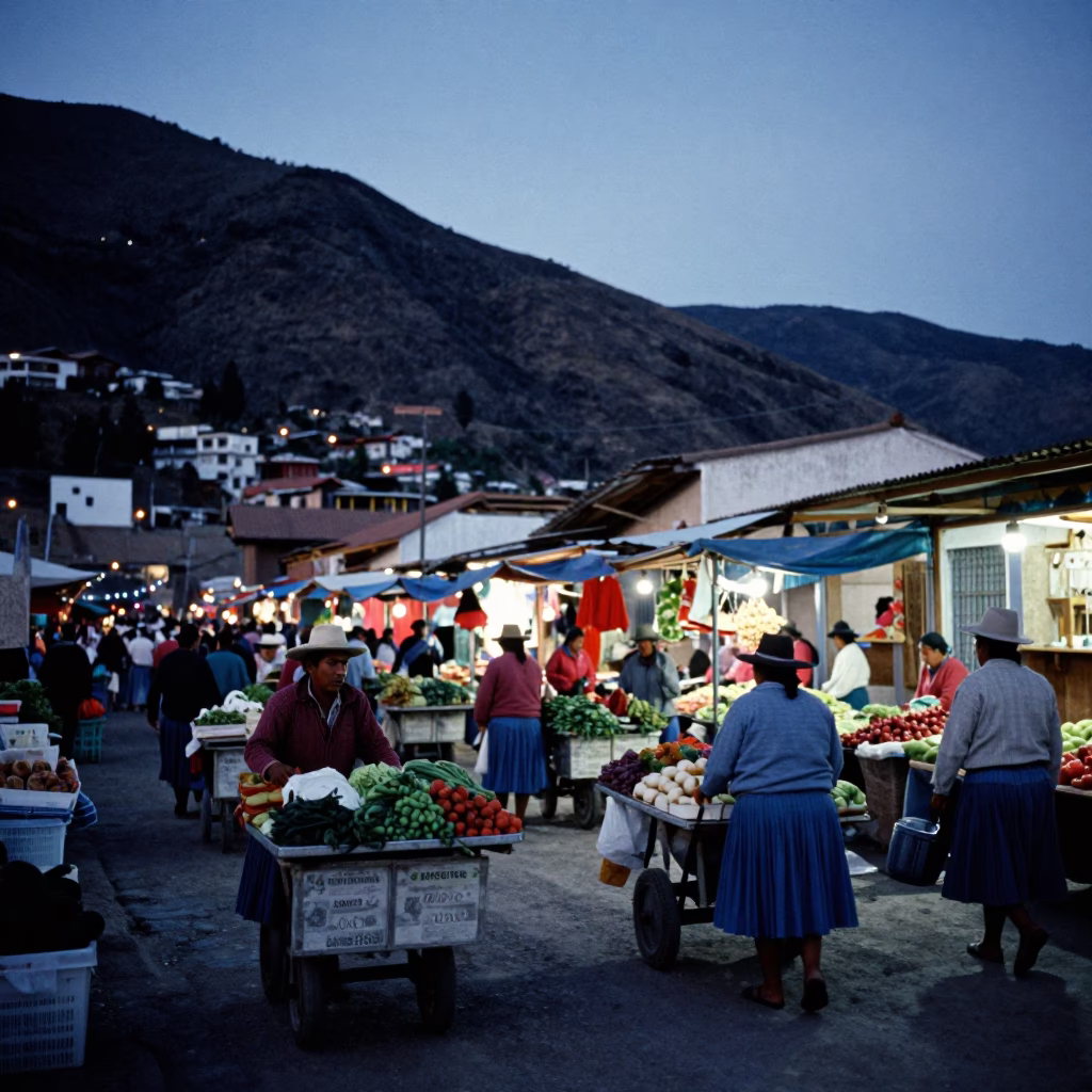 Market Scene in La Paz at Nautical Dawn Light in in La Paz, Bolivia