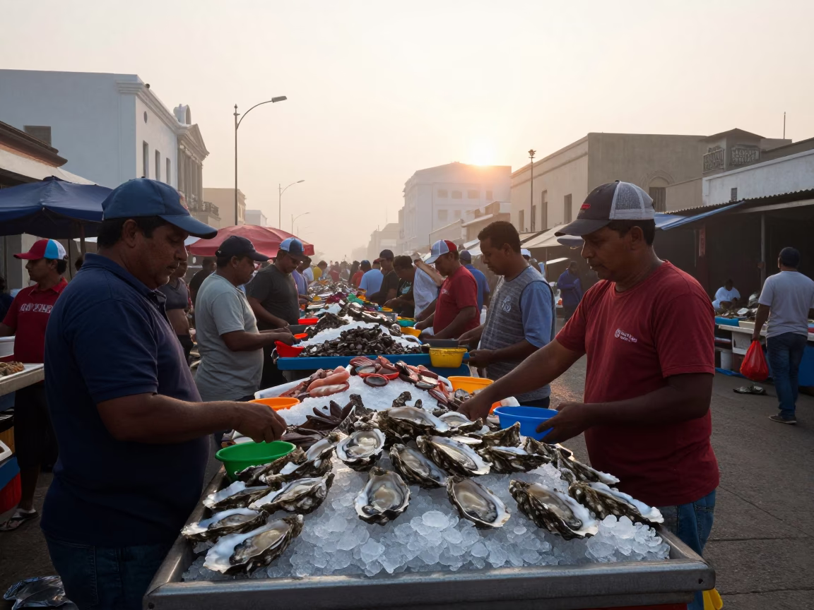 Market Scene in Lima at Nautical Dawn Light in in Lima, Peru