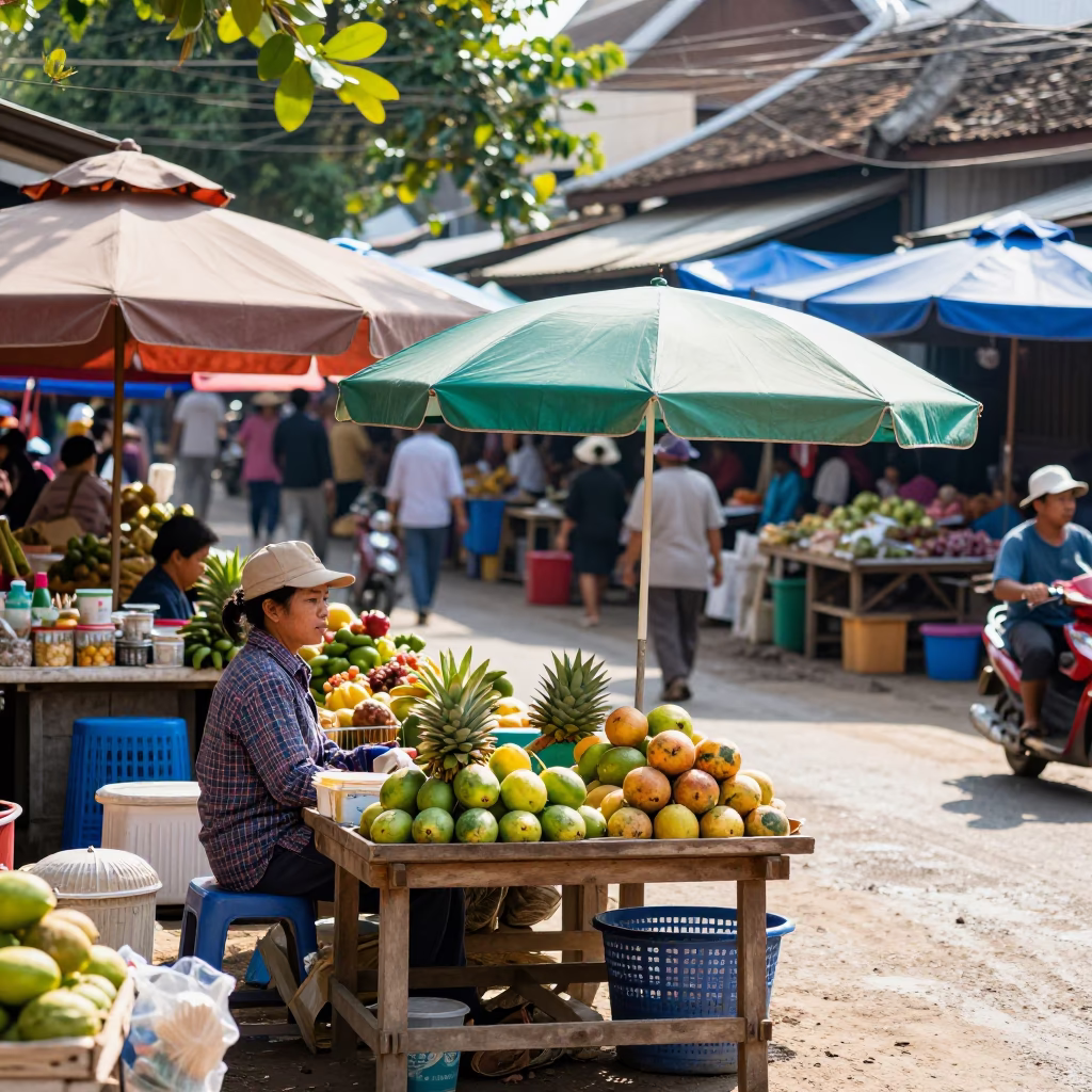 Market Scene in Luang Prabang at Bright Midmorning Light in in Luang Prabang, Laos