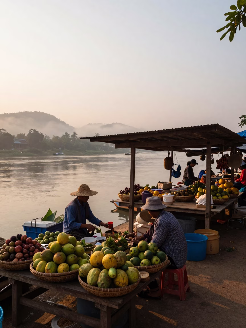 Market Scene in Luang Prabang at First Light Of Dawn in in Luang Prabang, Laos