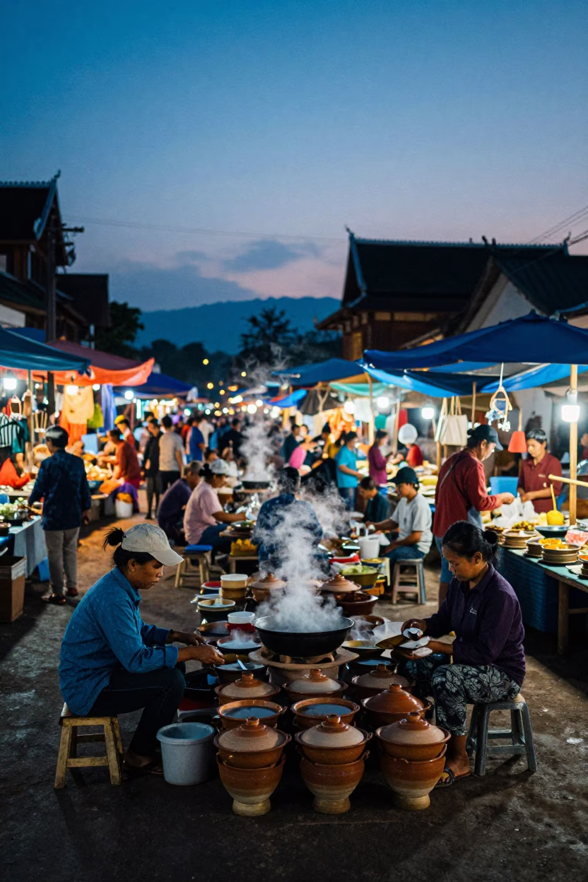 Market Scene in Luang Prabang at Indigo Twilight After Sunset in in Luang Prabang, Laos