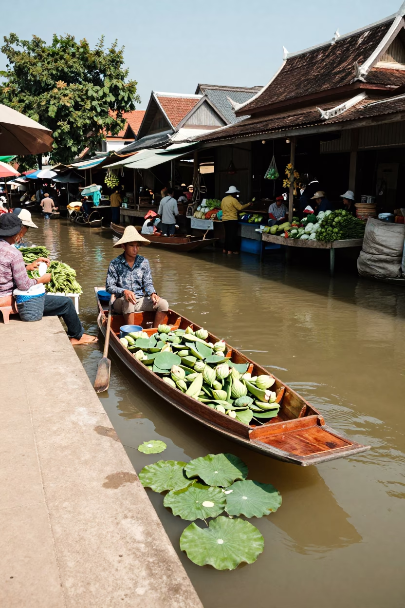 Market Scene in Luang Prabang at Midday Light in in Luang Prabang, Laos