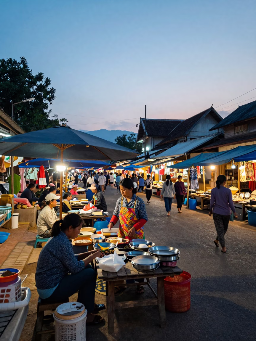 Market Scene in Luang Prabang at Nautical Dawn Light in in Luang Prabang, Laos