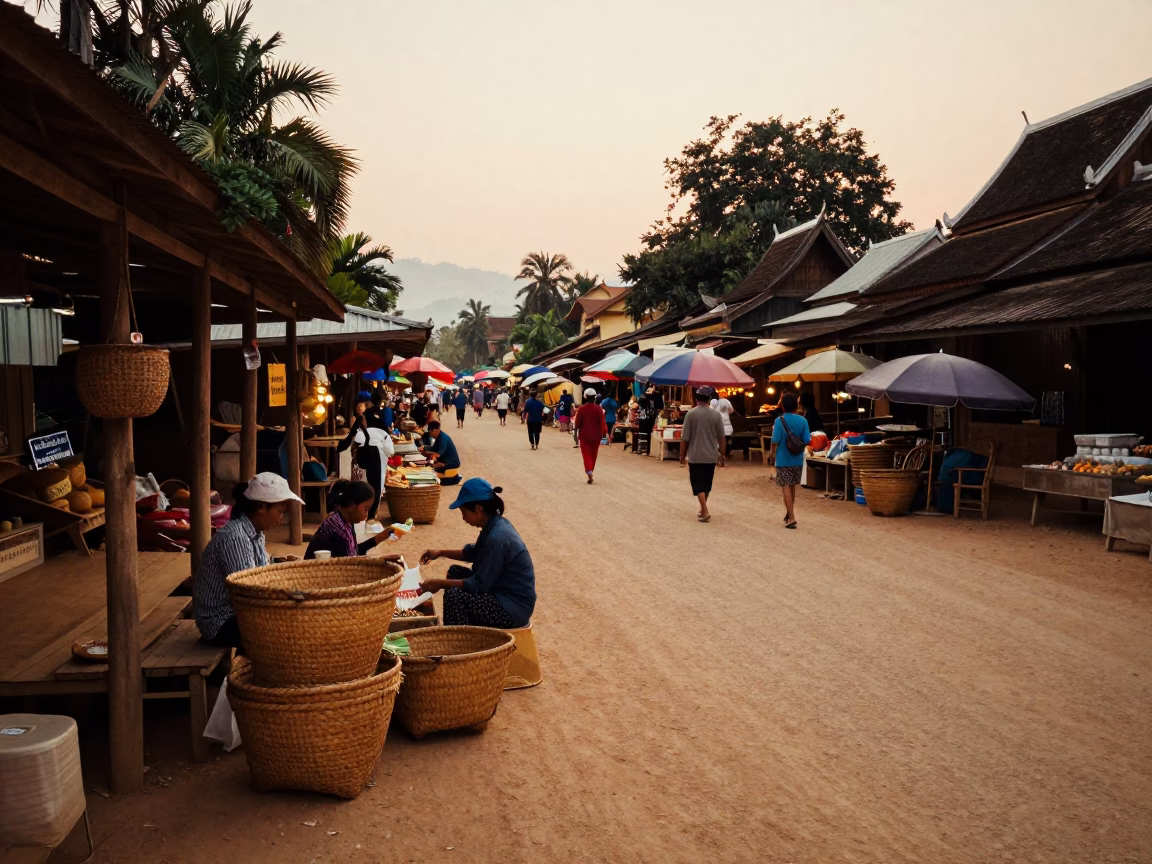 Market Scene in Luang Prabang at The Early Evening Light in in Luang Prabang, Laos