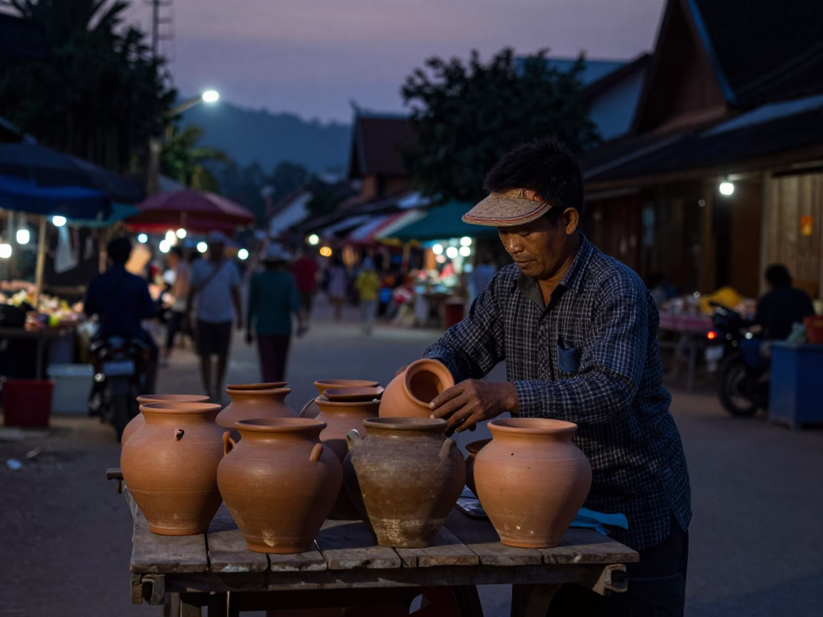 Market Scene in Luang Prabang at The Predawn Darkness Light in in Luang Prabang, Laos